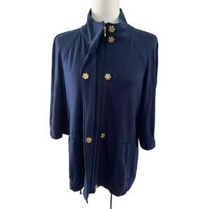 ST. JOHN SPA Snap Front Jacket Tunic 3/4 Sleeves Drawstring Waist Navy EUC Women